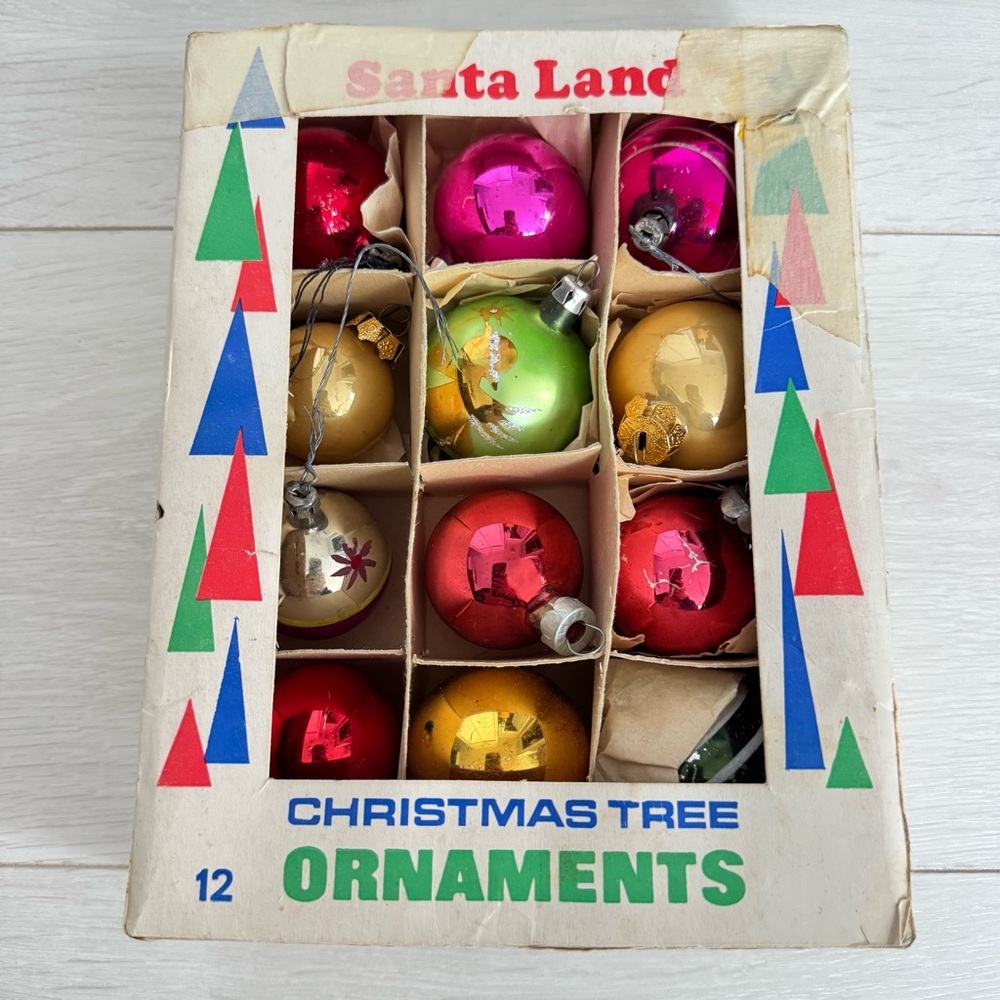 Vintage Glass Christmas Mismatched Ornaments Balls Baubles in Box Santa Land